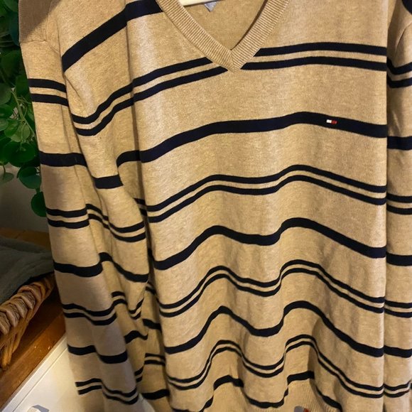 Tommy Hilfiger Unisex Beige Striped XXL V-Neck Sweater 100% Cotton - Picture 1 of 4